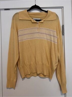 Retro Yellow Striped Polo-Neck 100% Wool Sweater